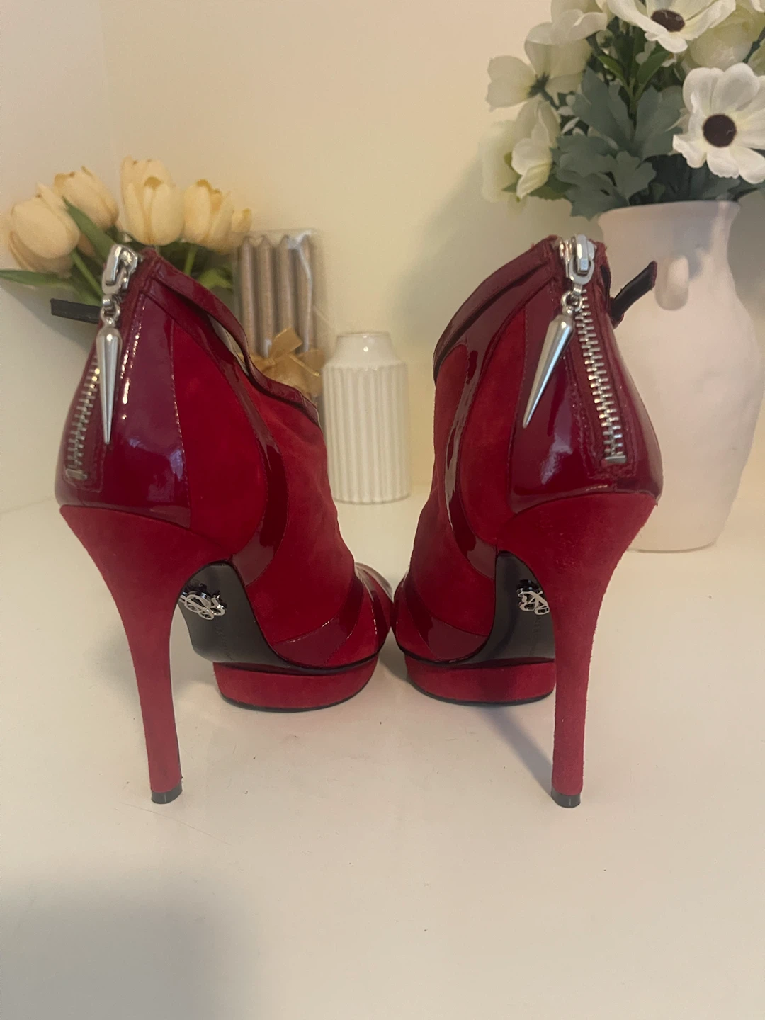 Red Suede and Patent Leather Peep-Toe Ankle Boots - photo 5