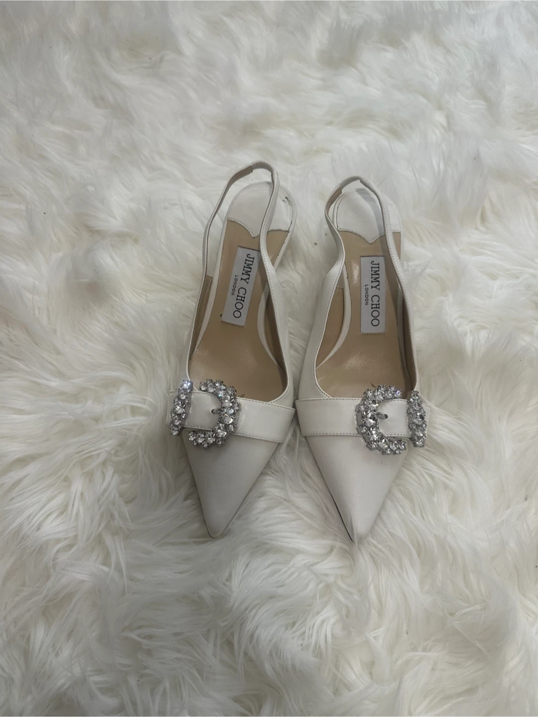 Jimmy Choo White Slingback Heels with Crystal Buckle
