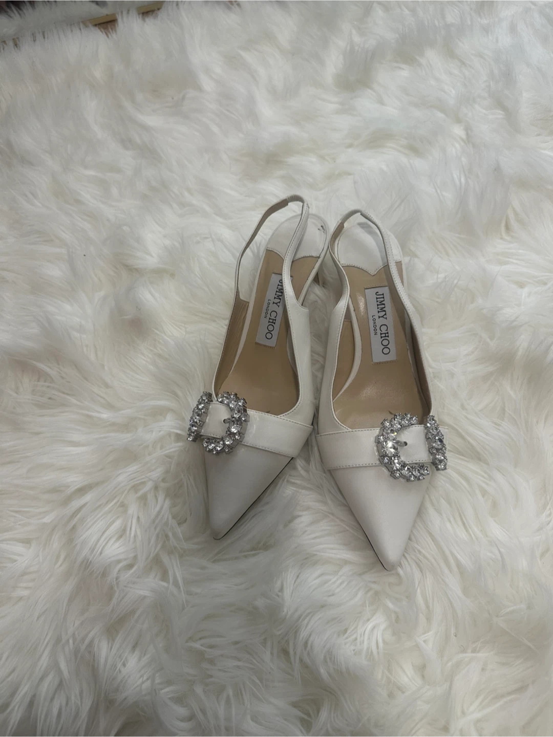 Jimmy Choo White Slingback Heels with Crystal Buckle - photo 2