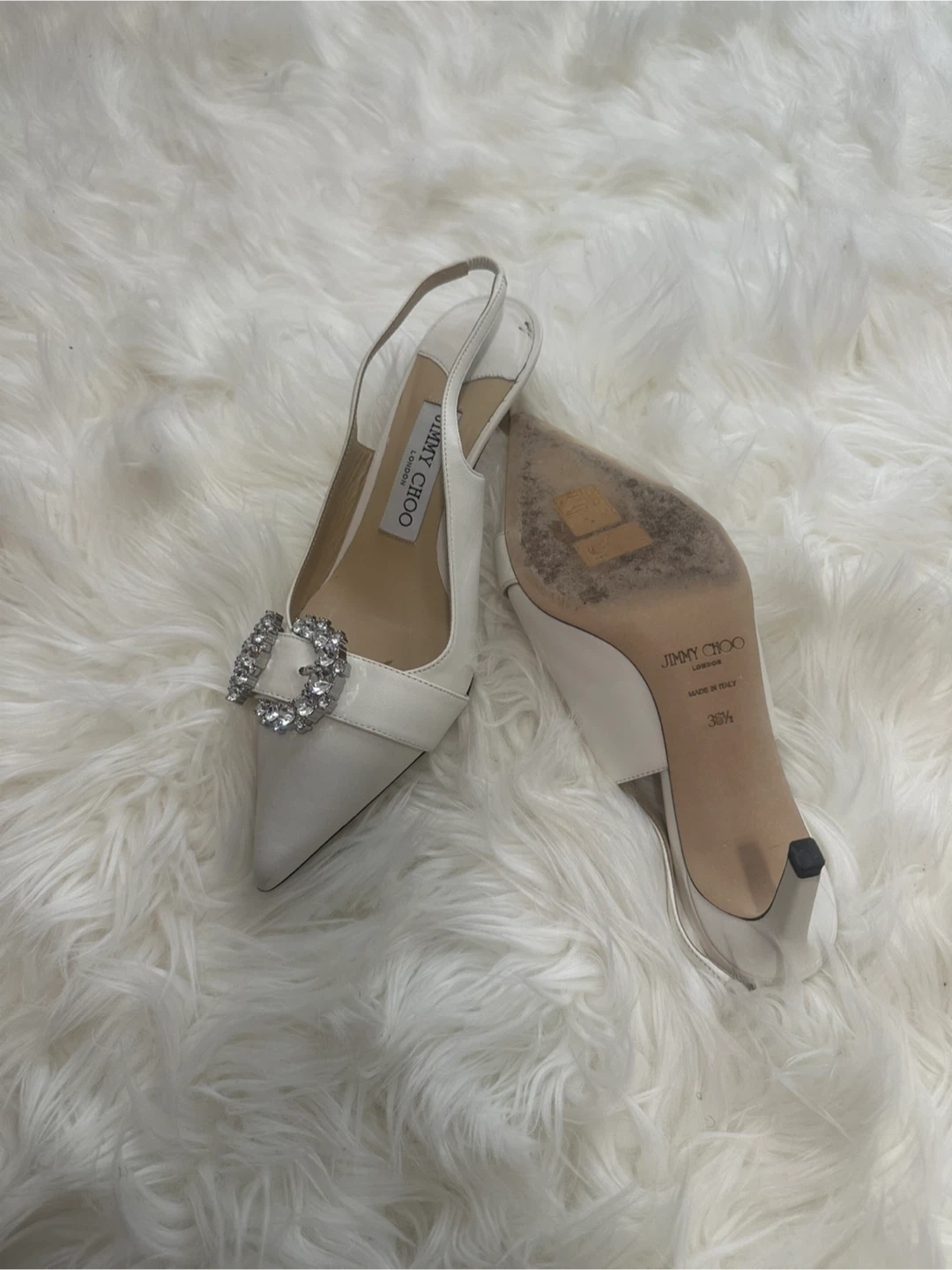 Jimmy Choo White Slingback Heels with Crystal Buckle - photo 4