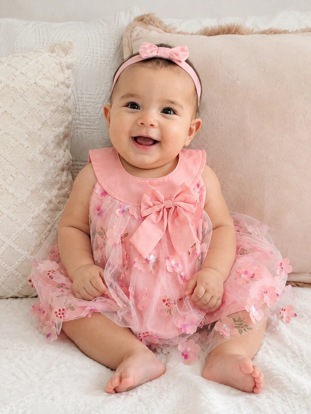Pink Mesh Floral Dress with Bow 3-6months