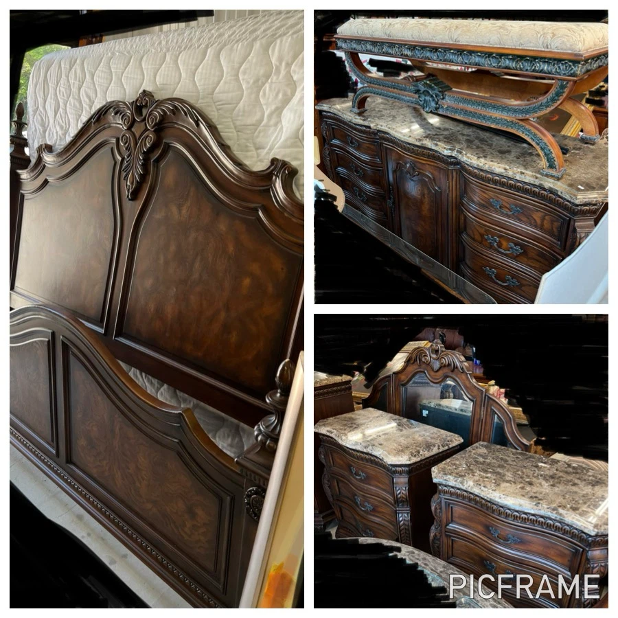 King size Ornate Wood and Marble Bedroom Set