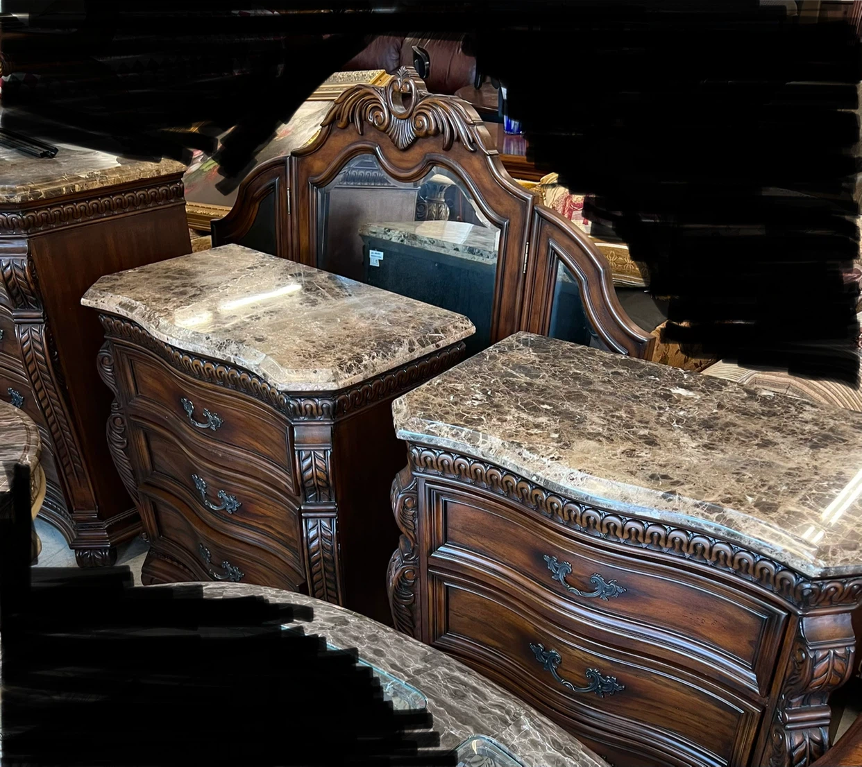 King size Ornate Wood and Marble Bedroom Set - photo 3