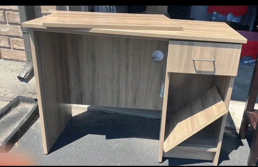 Light Brown Wood Desk with Drawer and Shelf
