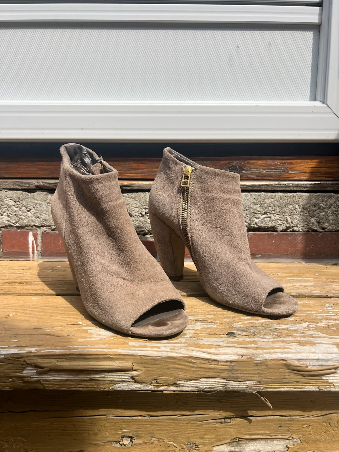 Steve Madden Paulina Peep Toe Ankle Boots Taupe Suede