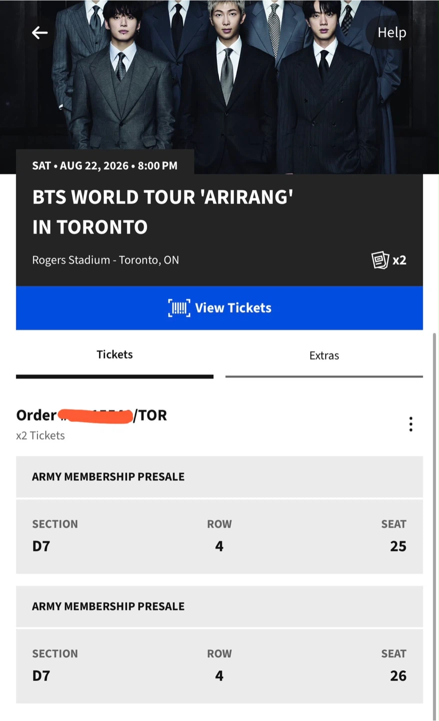 2 x  BTS World Tour 'Arirang' Concert Tickets - Toronto