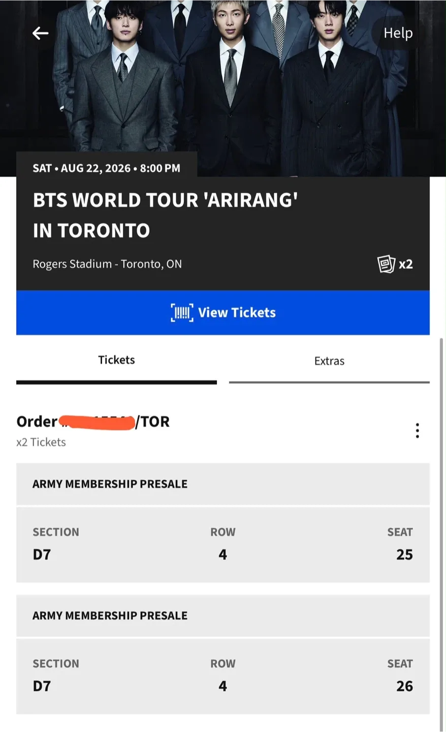 2 x  BTS World Tour 'Arirang' Concert Tickets - Toronto