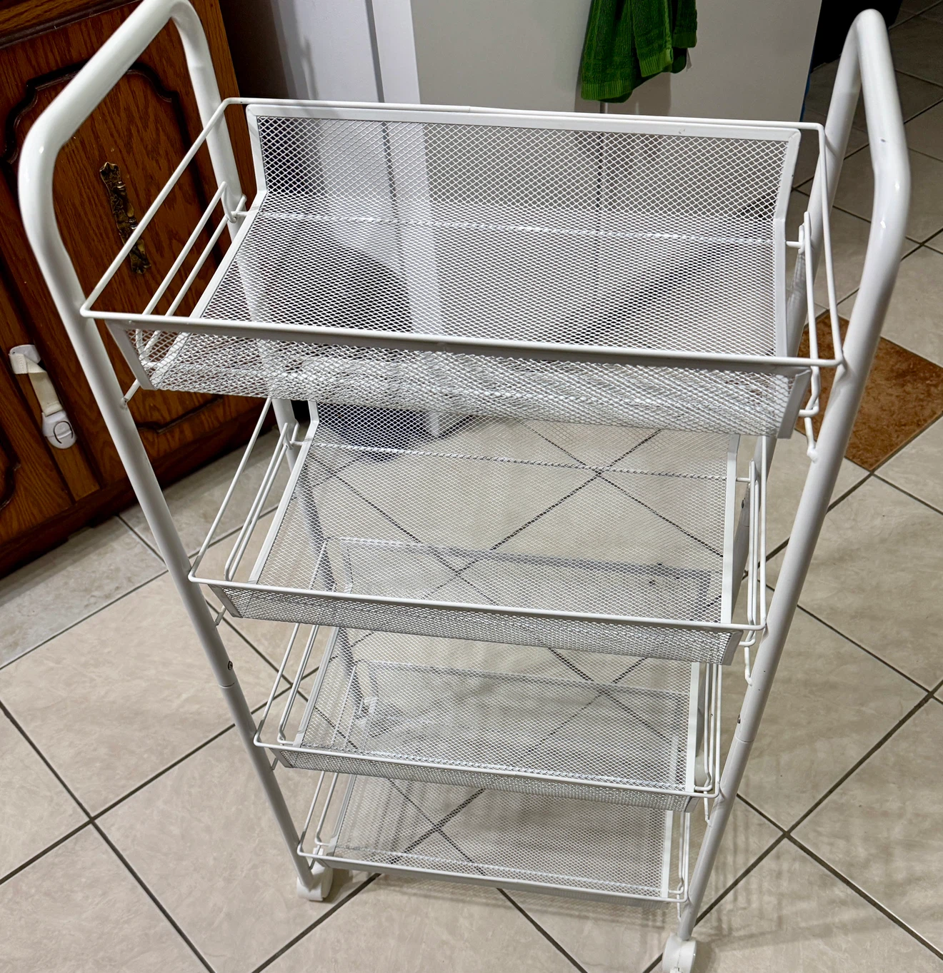 White 4-Tier Wire Mesh Rolling Cart