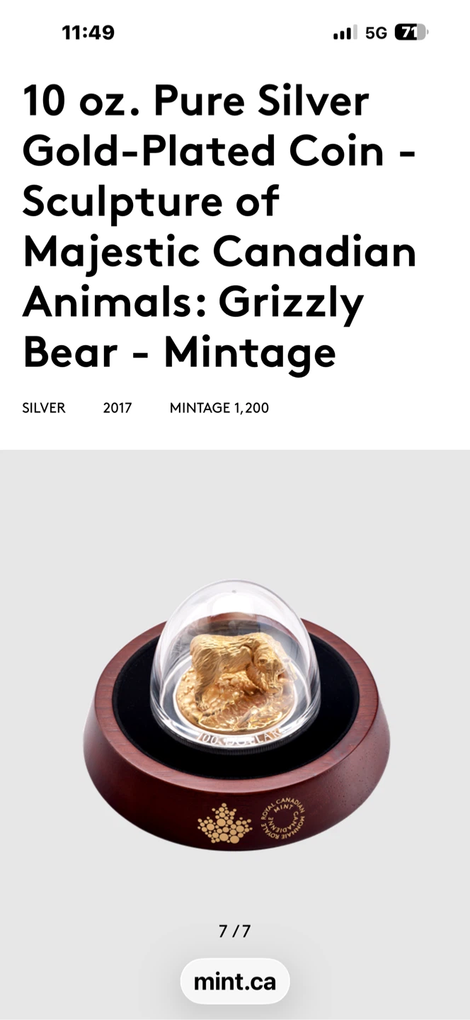 10 oz Pure Silver Gold-Plated Coin - Grizzly Bear Sculpture