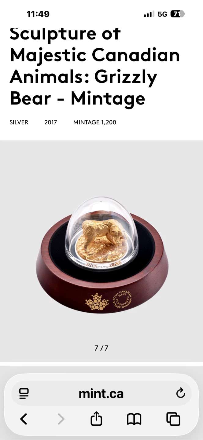 10 oz Pure Silver Gold-Plated Coin - Grizzly Bear Sculpture - photo 2