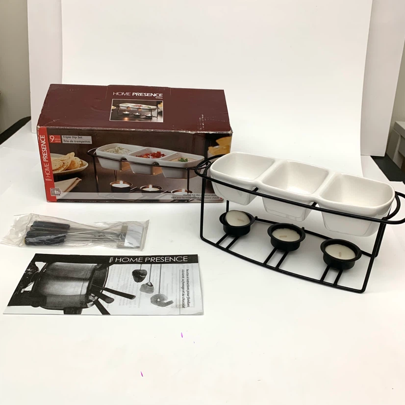 Triple Dip Serving Set Fondue Forks Ceramic Bowls Kitchen Tools