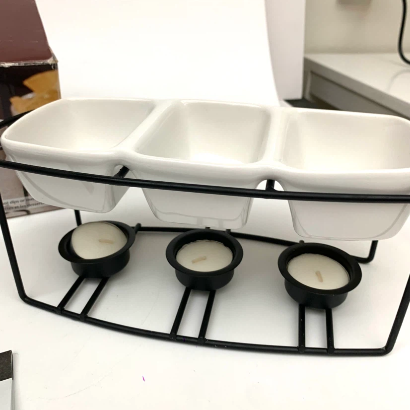 Triple Dip Serving Set Fondue Forks Ceramic Bowls Kitchen Tools - photo 2
