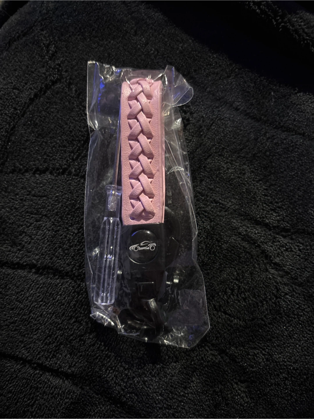 Pink Braided Leather Car Key Fob Cover Set