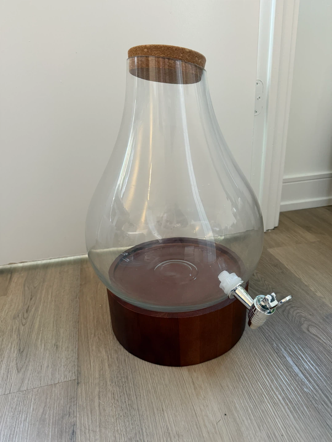 Large Glass Beverage Dispenser with Wooden Base and Cork Lid