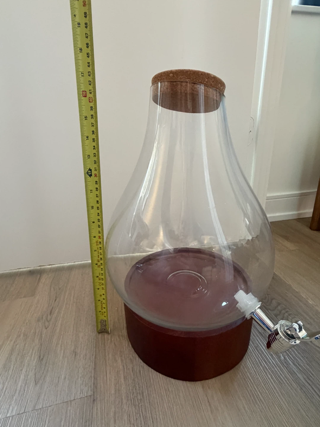 Large Glass Beverage Dispenser with Wooden Base and Cork Lid - photo 2