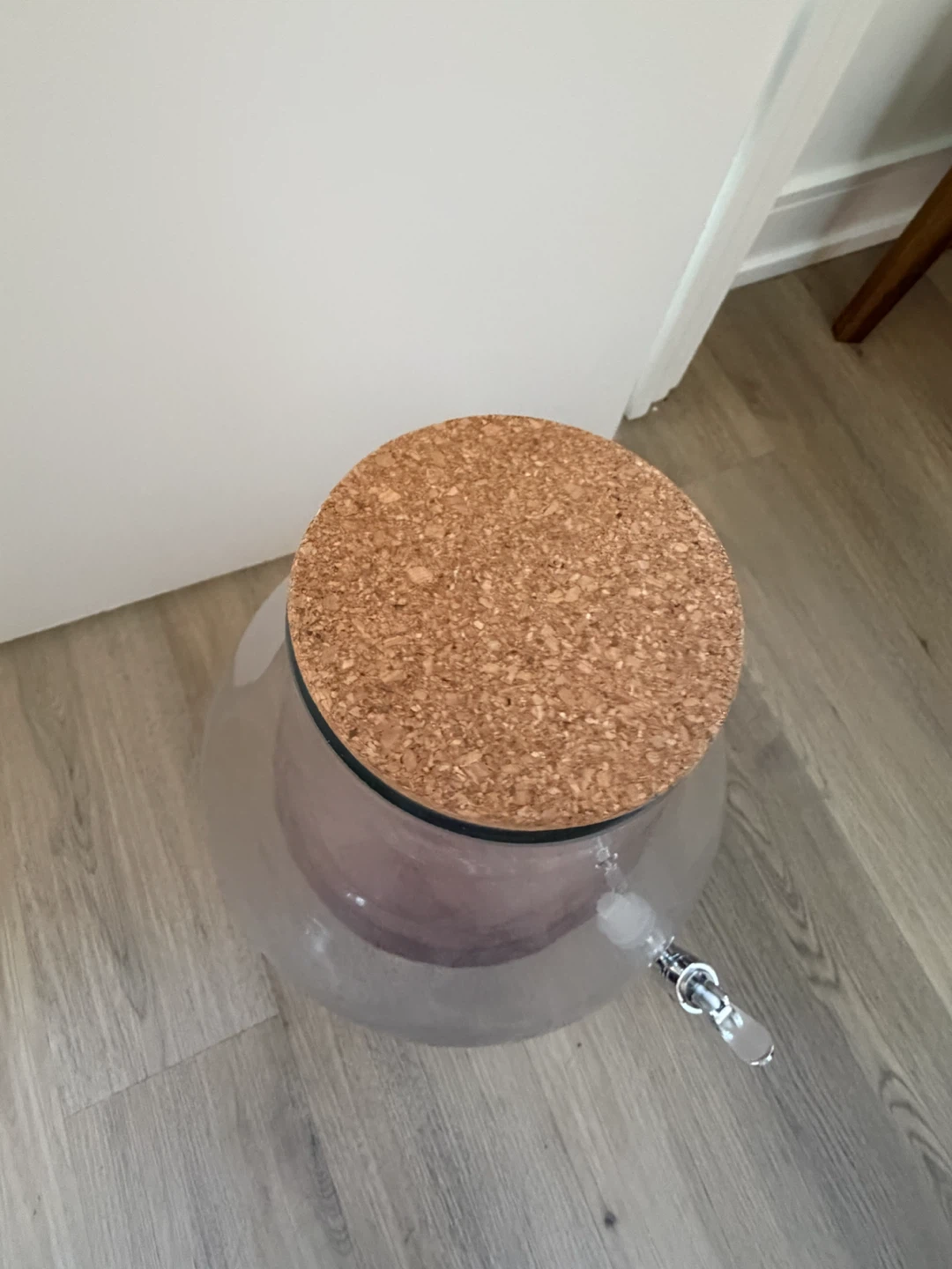 Large Glass Beverage Dispenser with Wooden Base and Cork Lid - photo 4