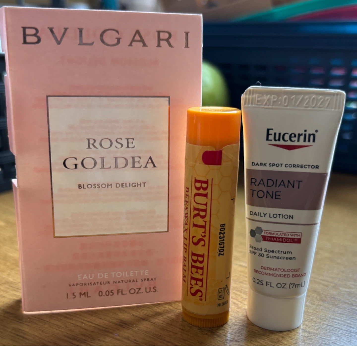 NEW-Bvlgari Perfume, Burt's Bees Lip Balm, Eucerin Corrector