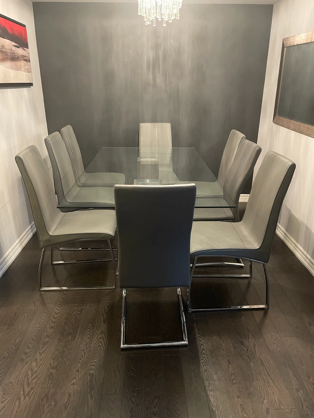 Glass table dining set with 8 chairs