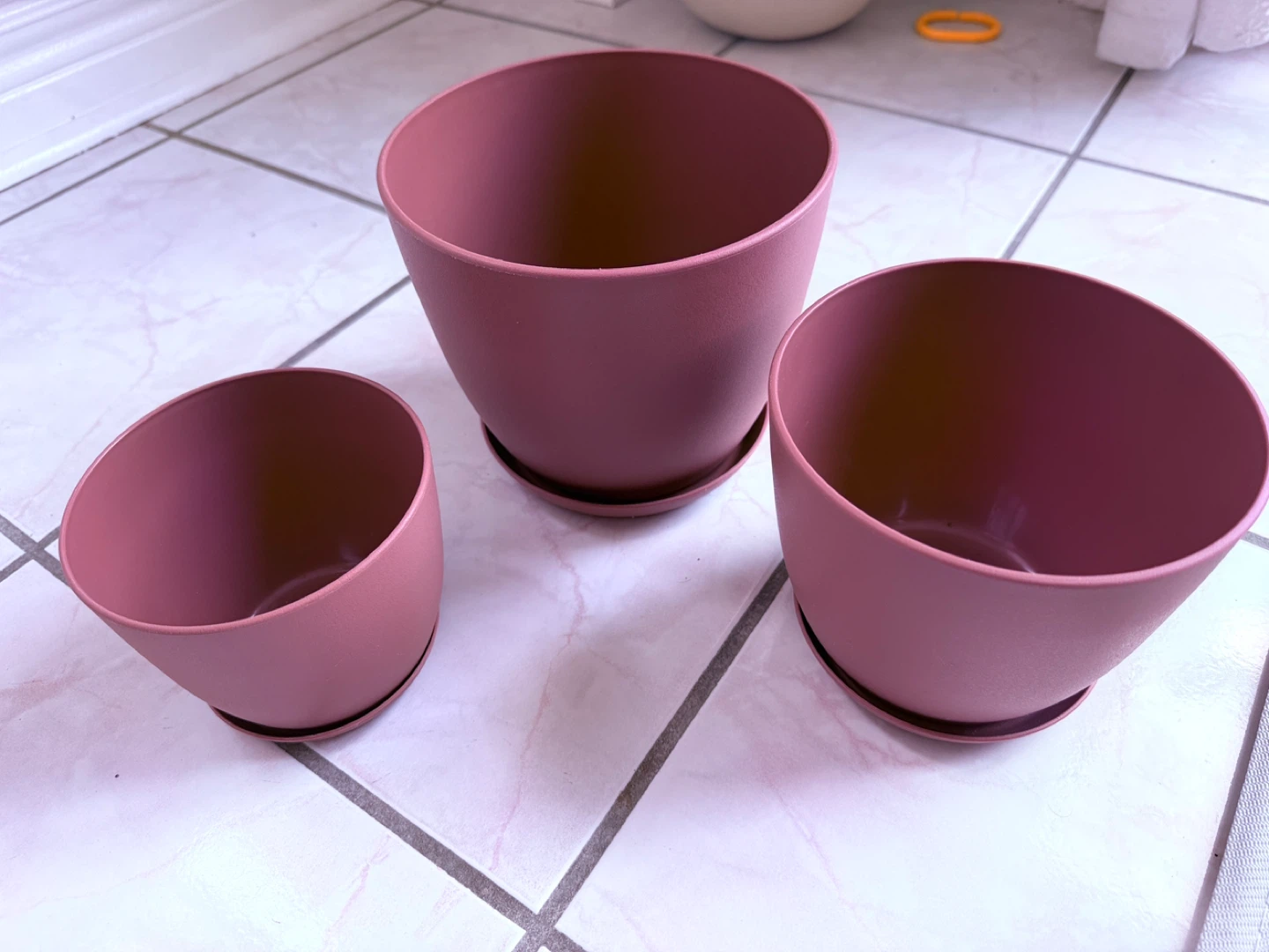 Set of 3 Pink Planters with Saucers
