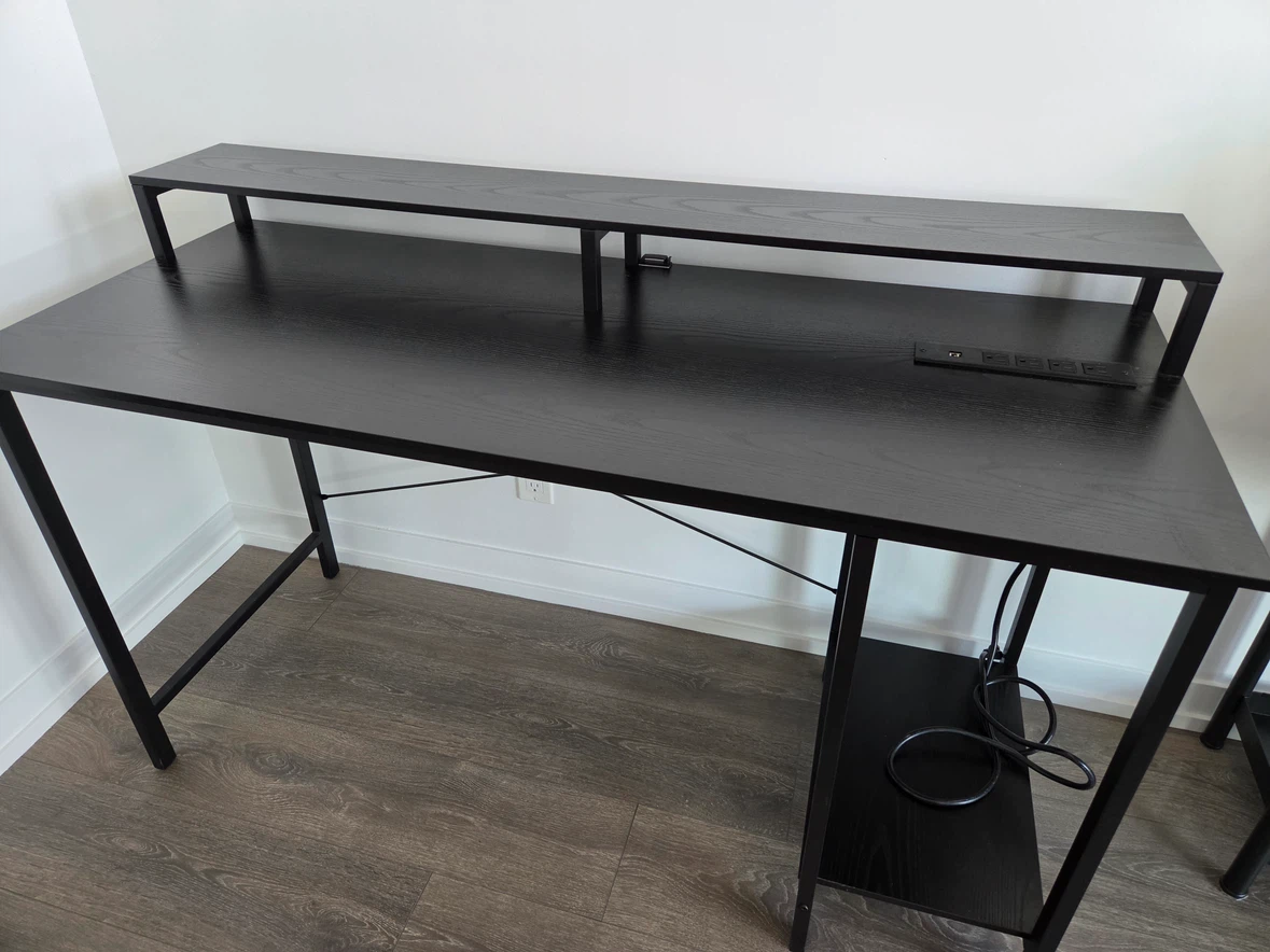 Black Computer Desk with Monitor Stand and Power Strip