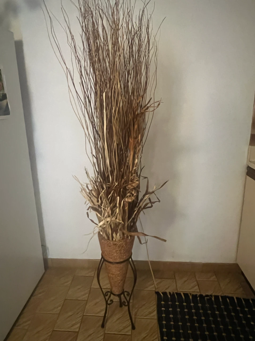 Dried Twig Arrangement with Woven Vase and Stand