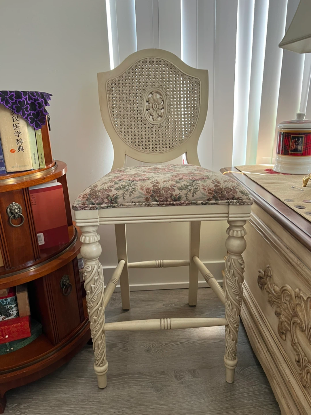 Cane Back Counter Stool with Floral Upholstery