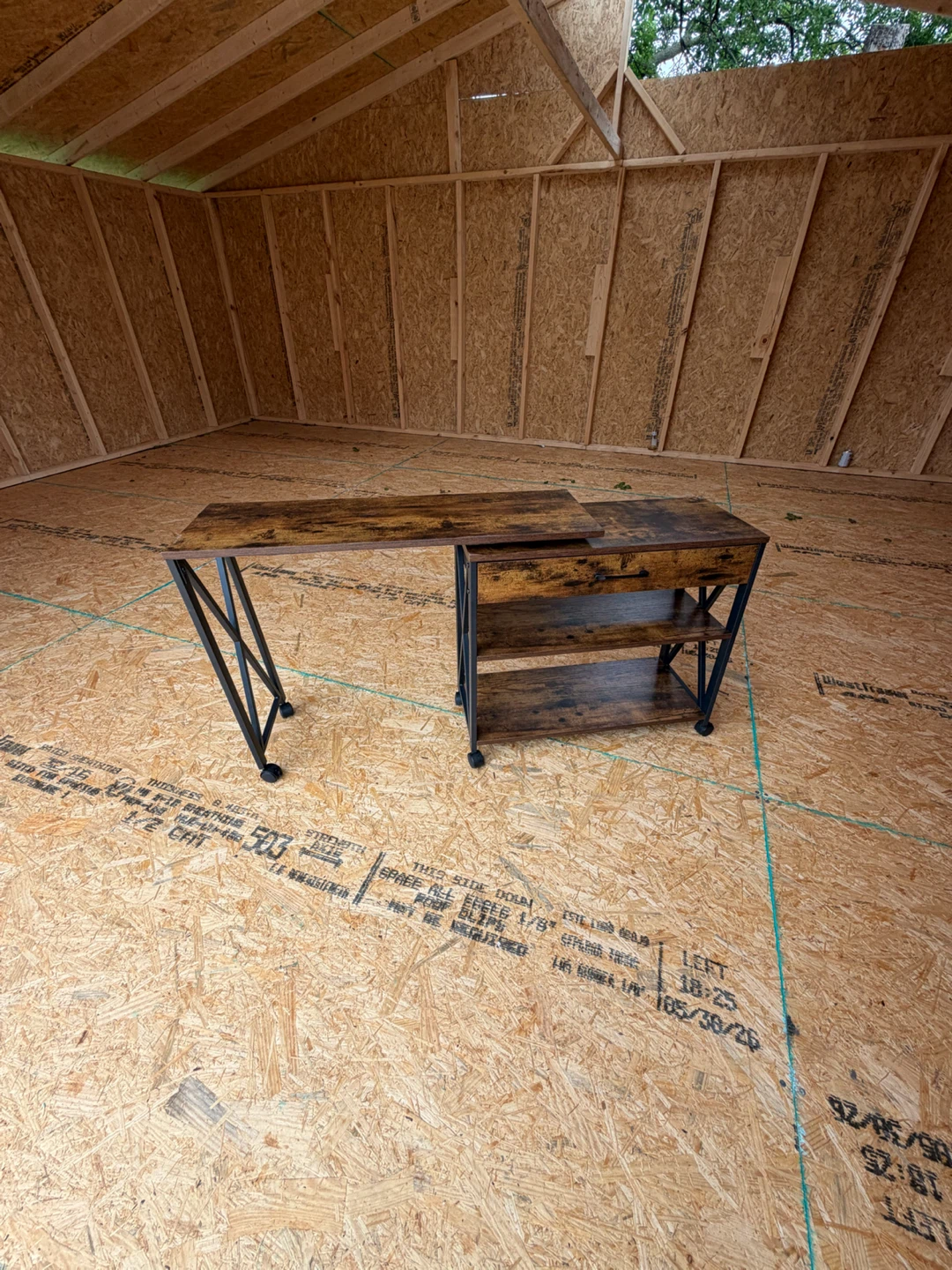 Rustic Wood and Metal Rolling Desk with Drawer