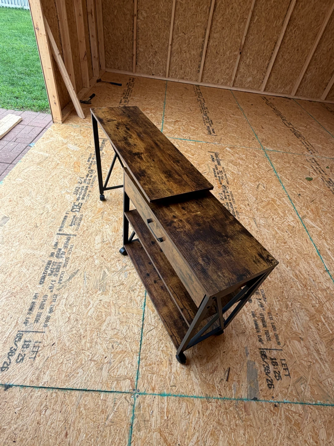 Rustic Wood and Metal Rolling Desk with Drawer - photo 2