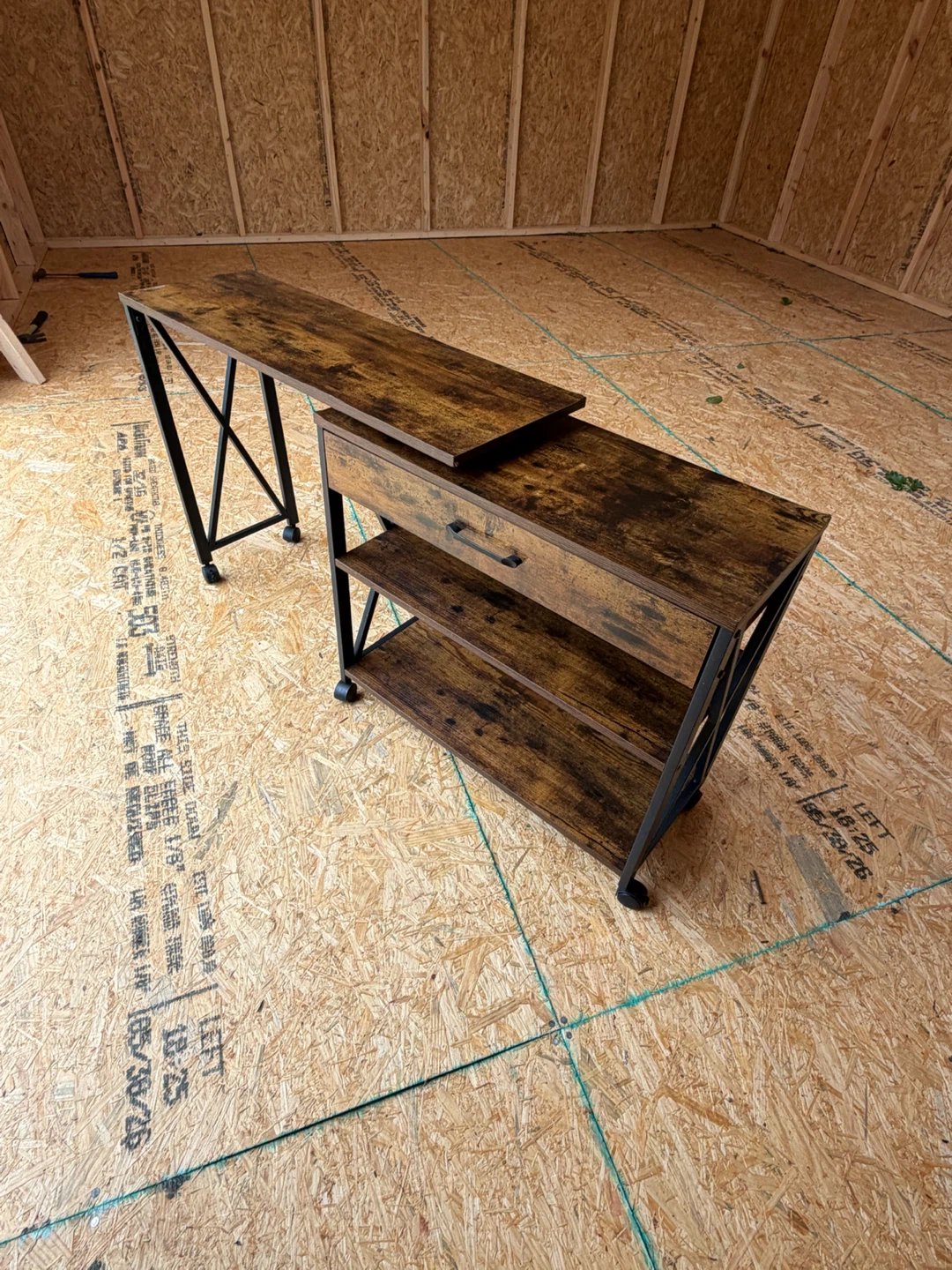 Rustic Wood and Metal Rolling Desk with Drawer - photo 3