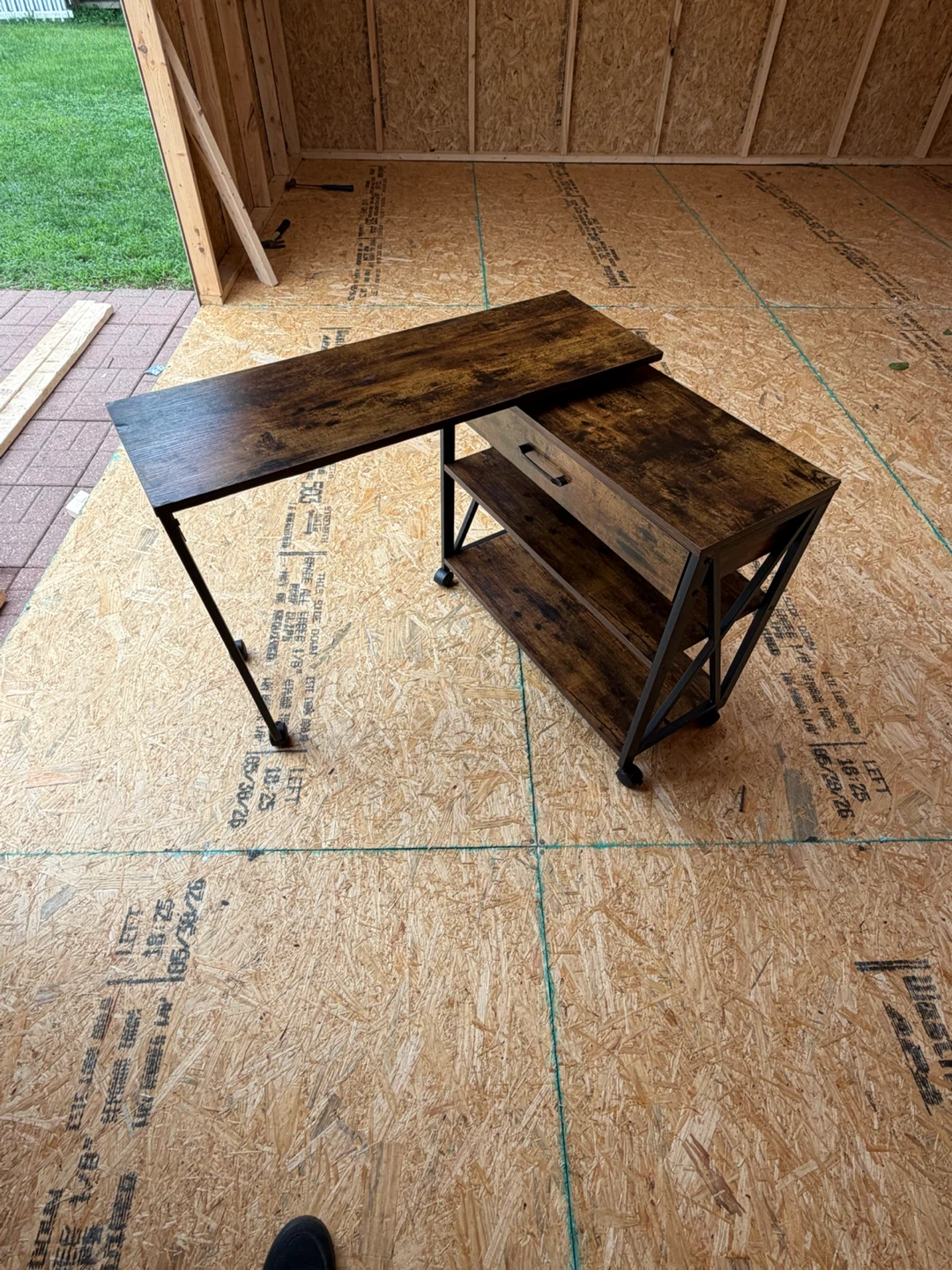 Rustic Wood and Metal Rolling Desk with Drawer - photo 4