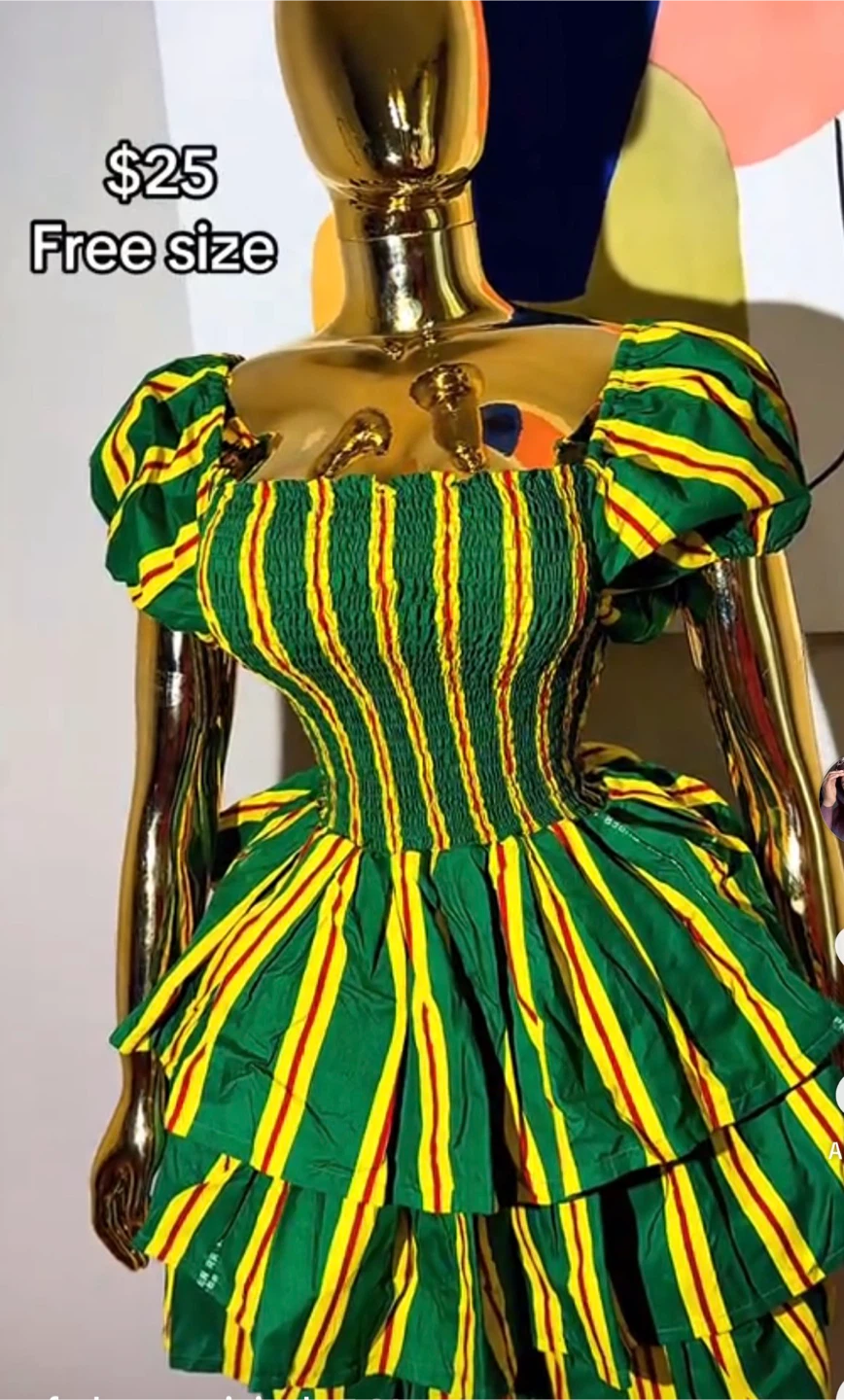 Green Yellow Red Striped Smocked Dress