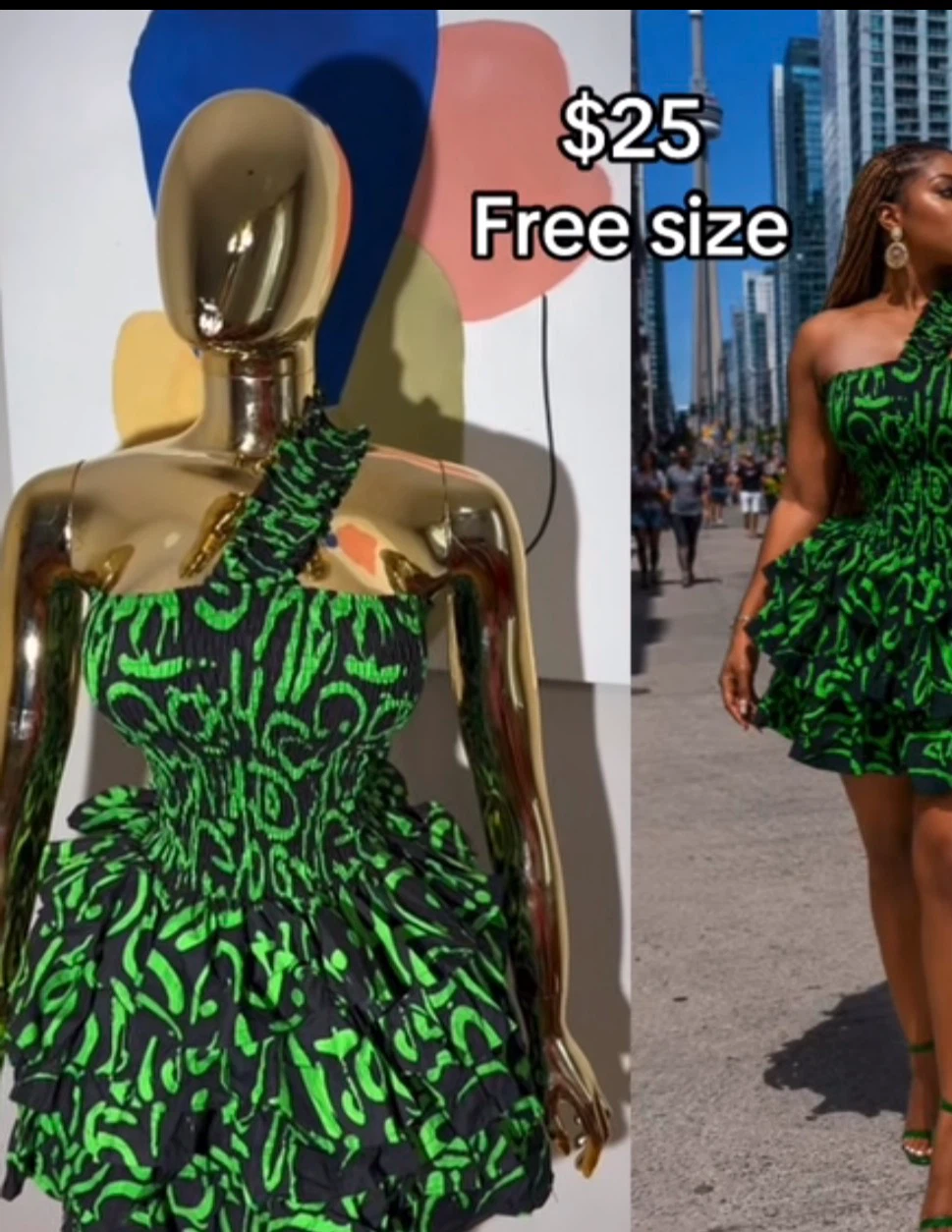 Green and Black Print One-Shoulder Mini Dress