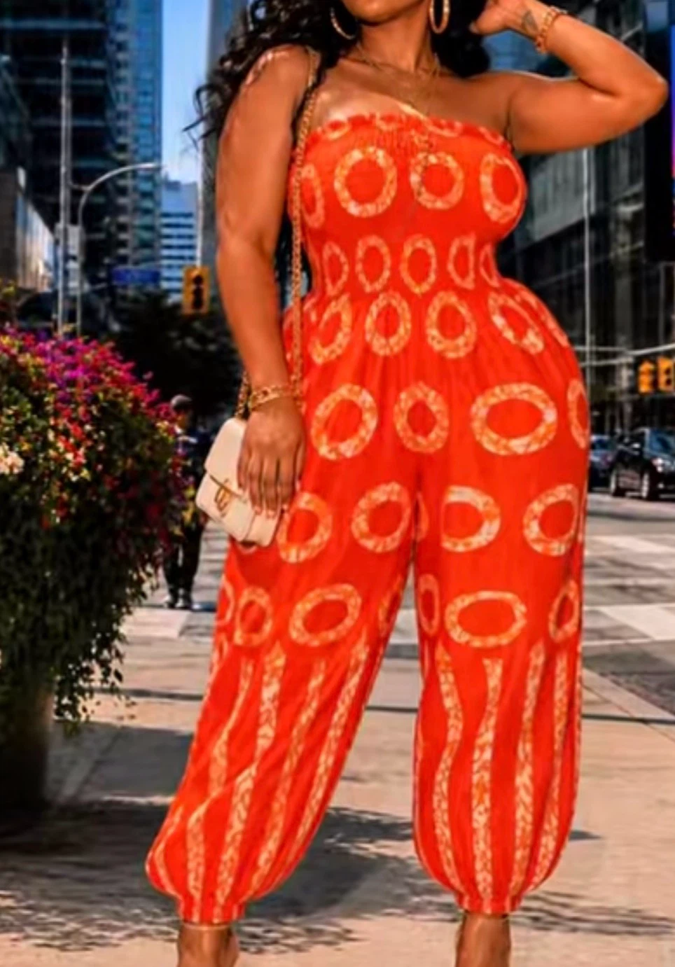 Orange Strapless Jumpsuit with Circle Print