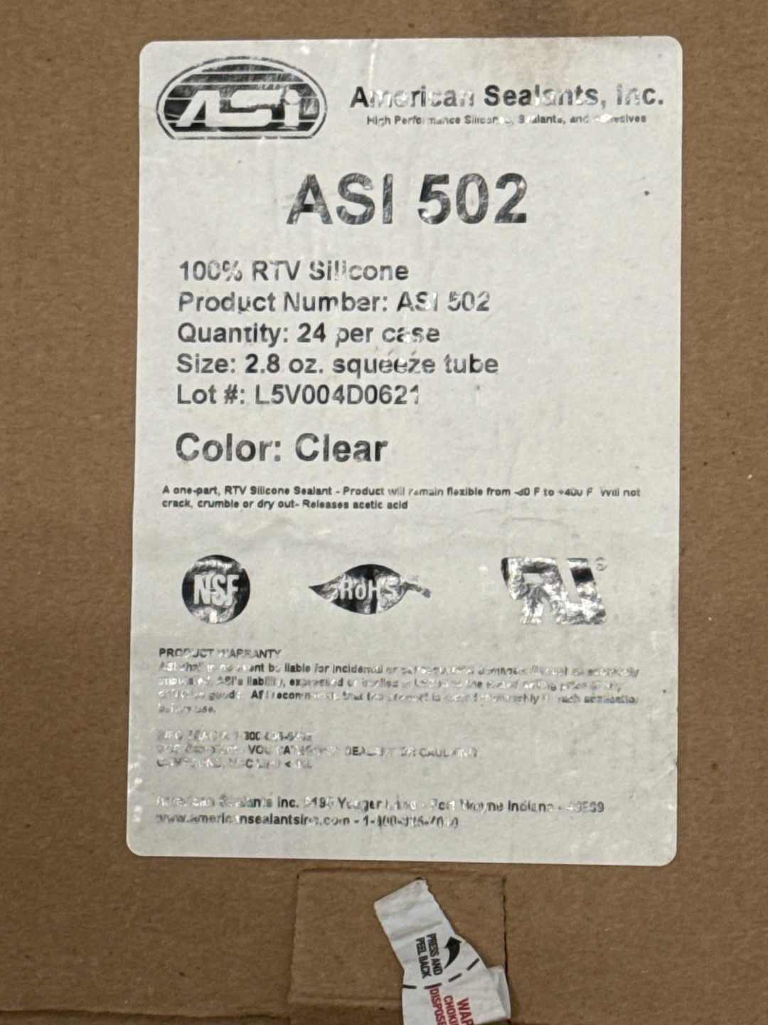 Case  of 24 ASI 502 RTV Silicone Sealant - 2.8 oz. Tubes - Clear