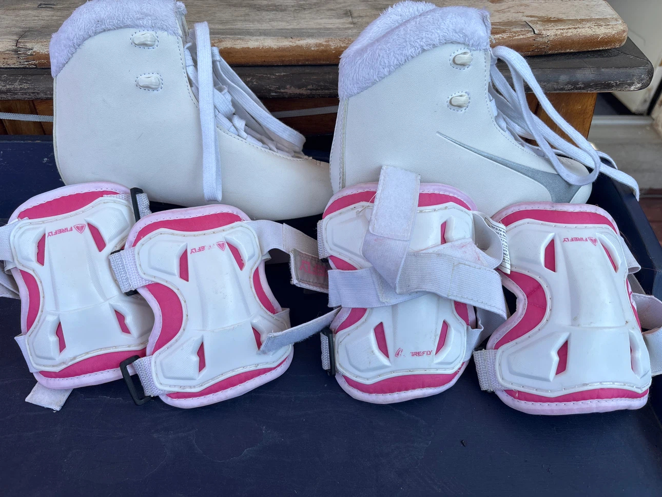 White Figure Skates with Pink Protective Gear Set