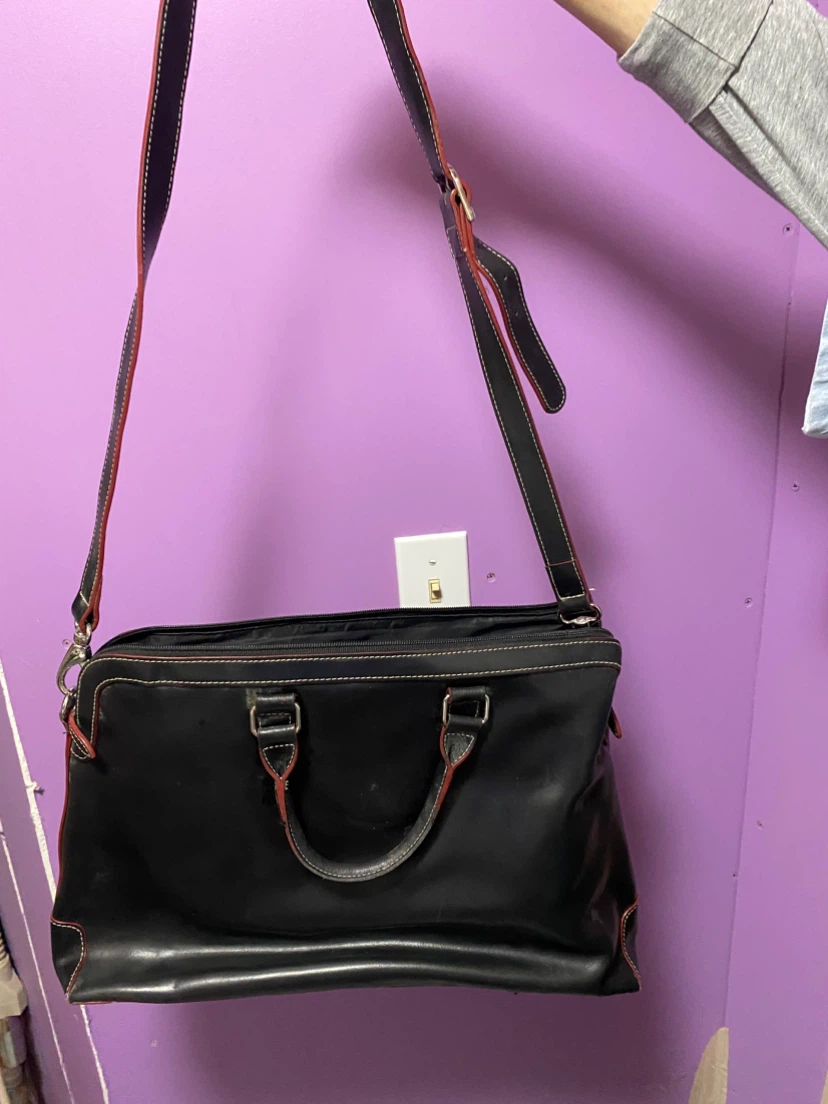 Lodis Black Leather Briefcase/Laptop Bag with Red Stitching