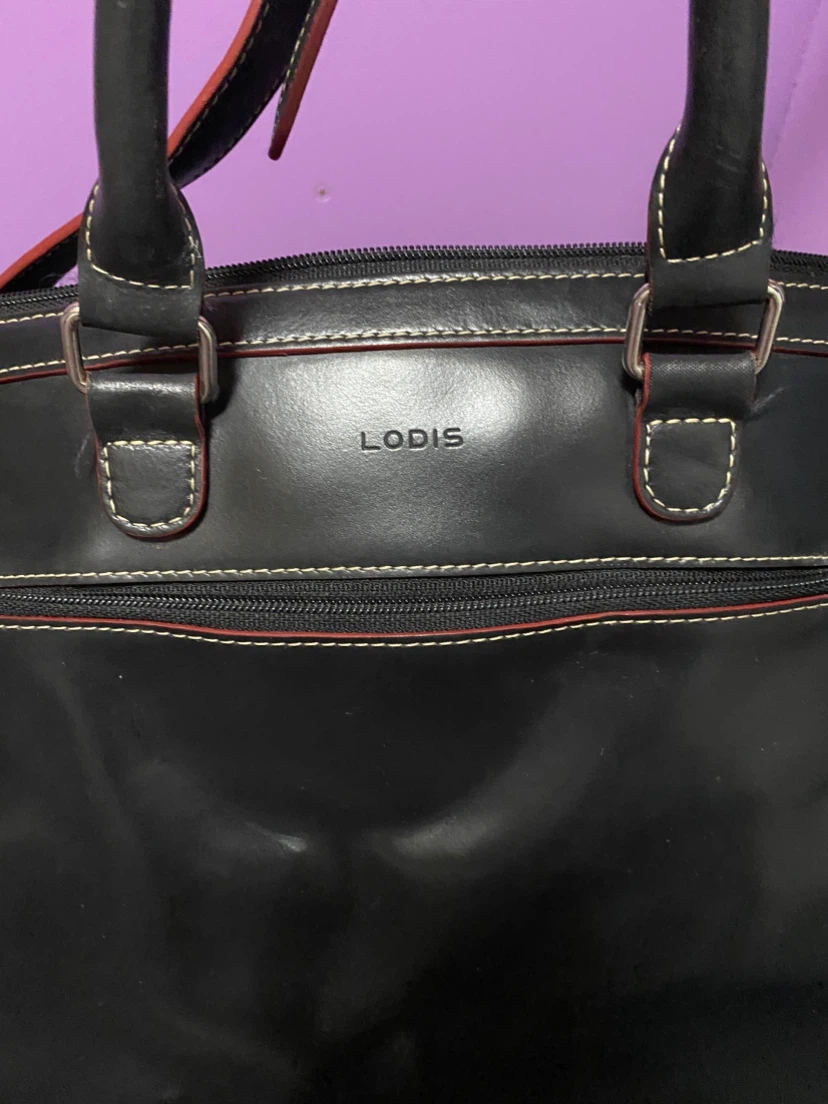 Lodis Black Leather Briefcase/Laptop Bag with Red Stitching - photo 3
