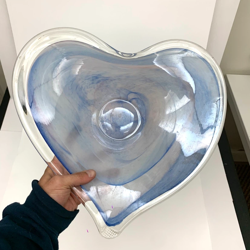 Heart Shaped Glass Bowl Blue Swirl Catch All Dish Decor