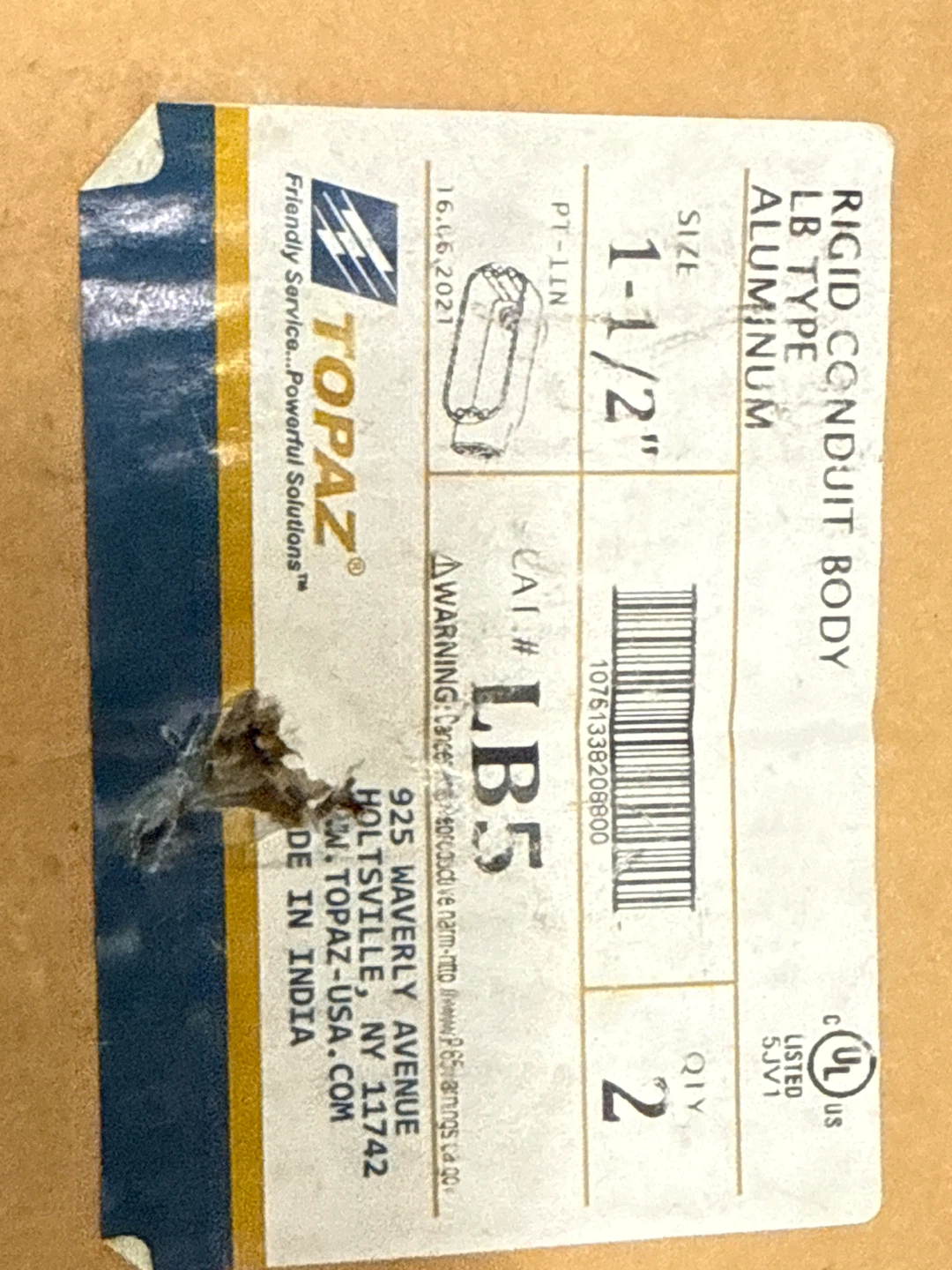 Topaz Rigid Conduit Body LB Type 1-1/2" Aluminum