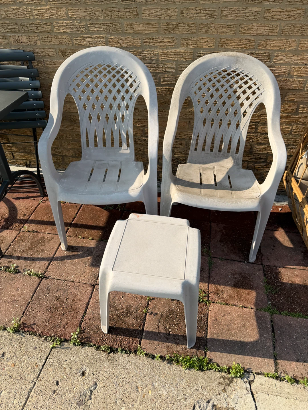 2 White Plastic Patio Chairs and Side Table Set - photo 2