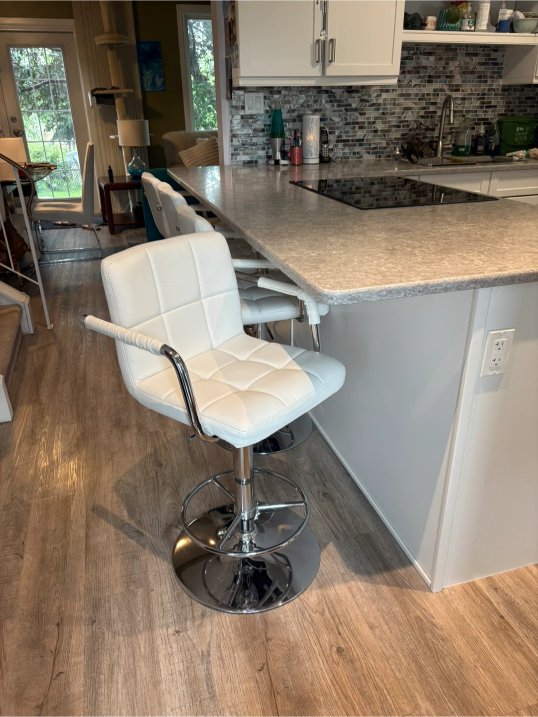 White Faux Leather Bar Stool with Chrome Base