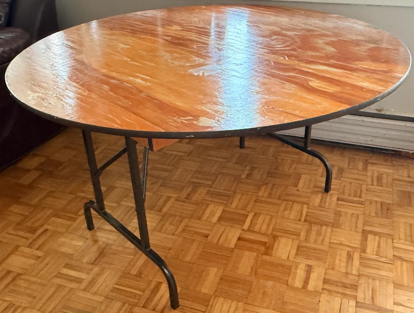Round Wood Folding Table & 6 Black IKEA Chairs Set
