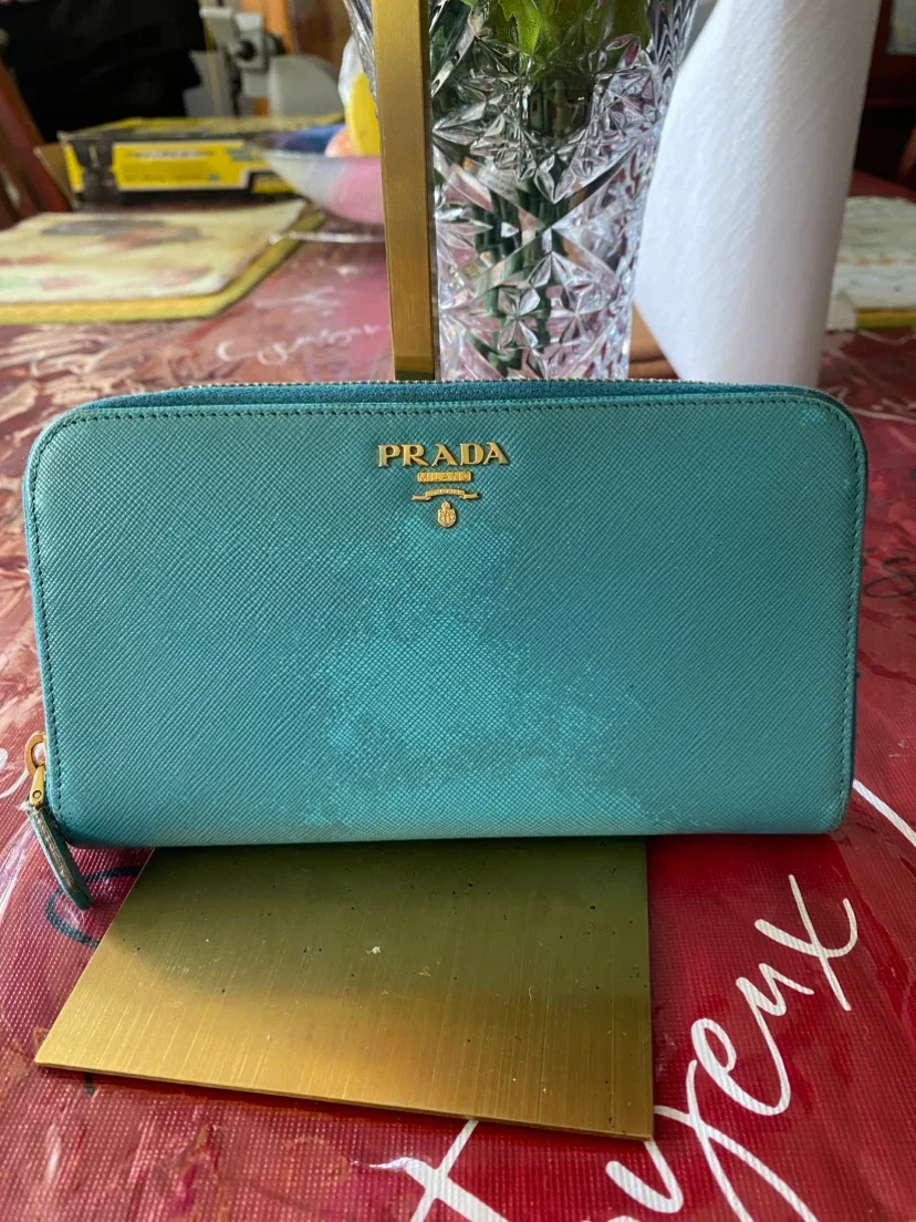 Prada Teal Saffiano Leather Zip Around Wallet