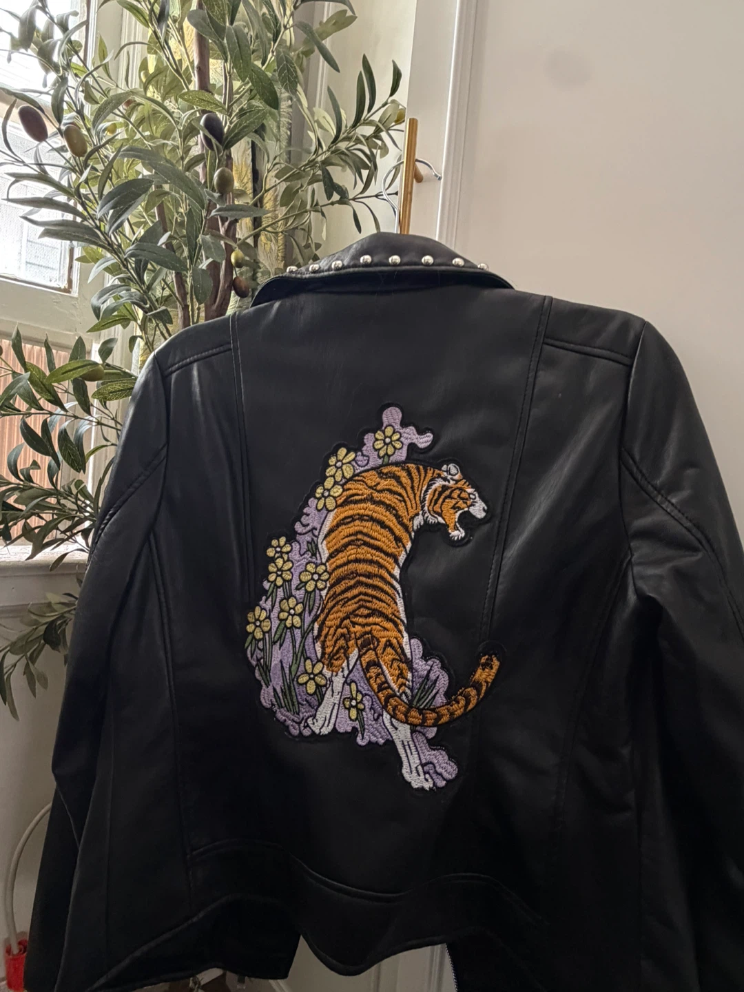 Say What? Black Faux Leather Moto Jacket with Tiger Patch