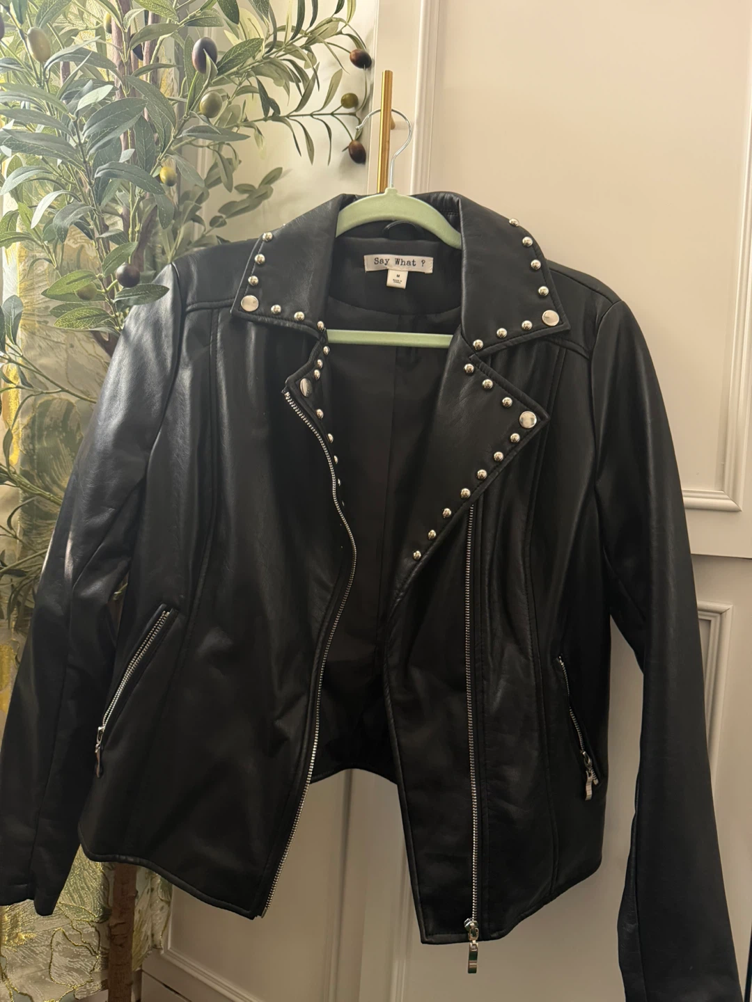 Say What? Black Faux Leather Moto Jacket with Tiger Patch - photo 3