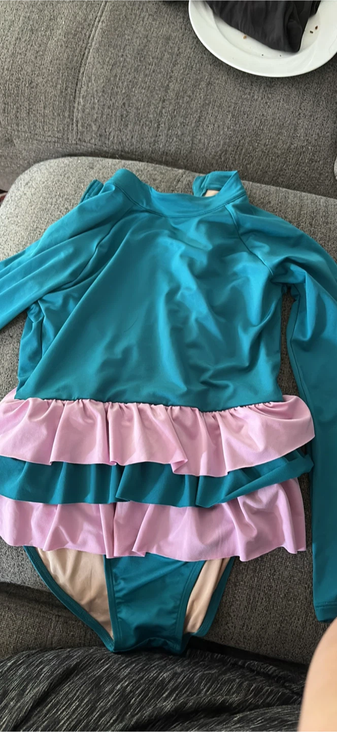 Teal and Pink Ruffle Long Sleeve Swimsuit