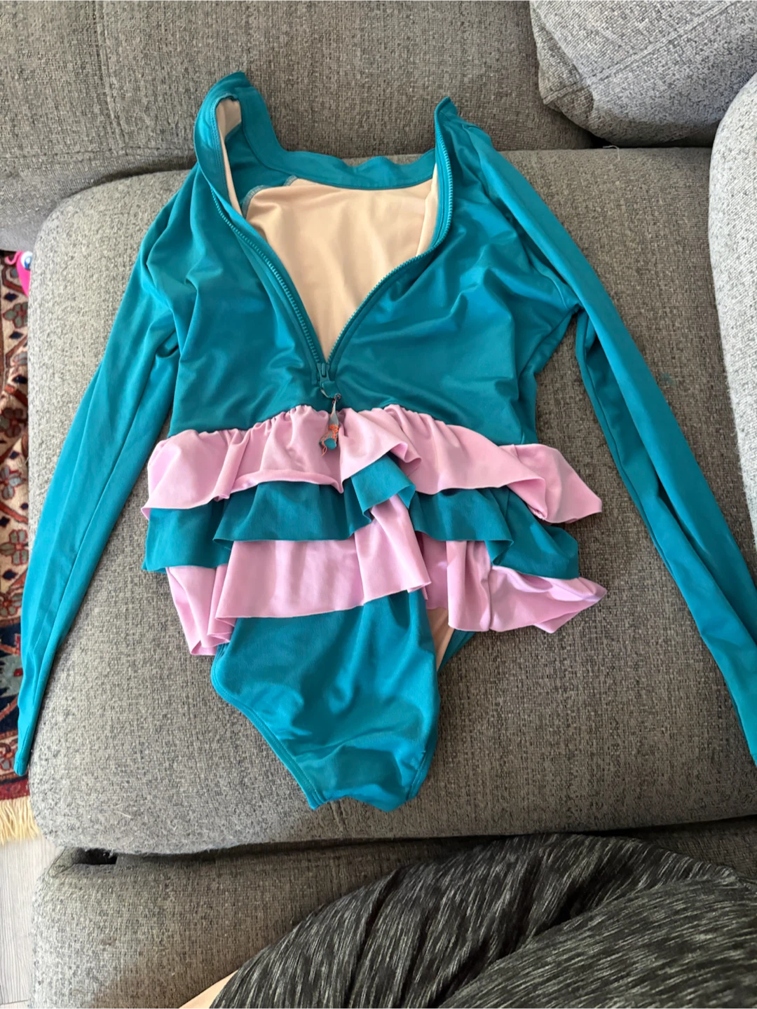 Teal and Pink Ruffle Long Sleeve Swimsuit - photo 2