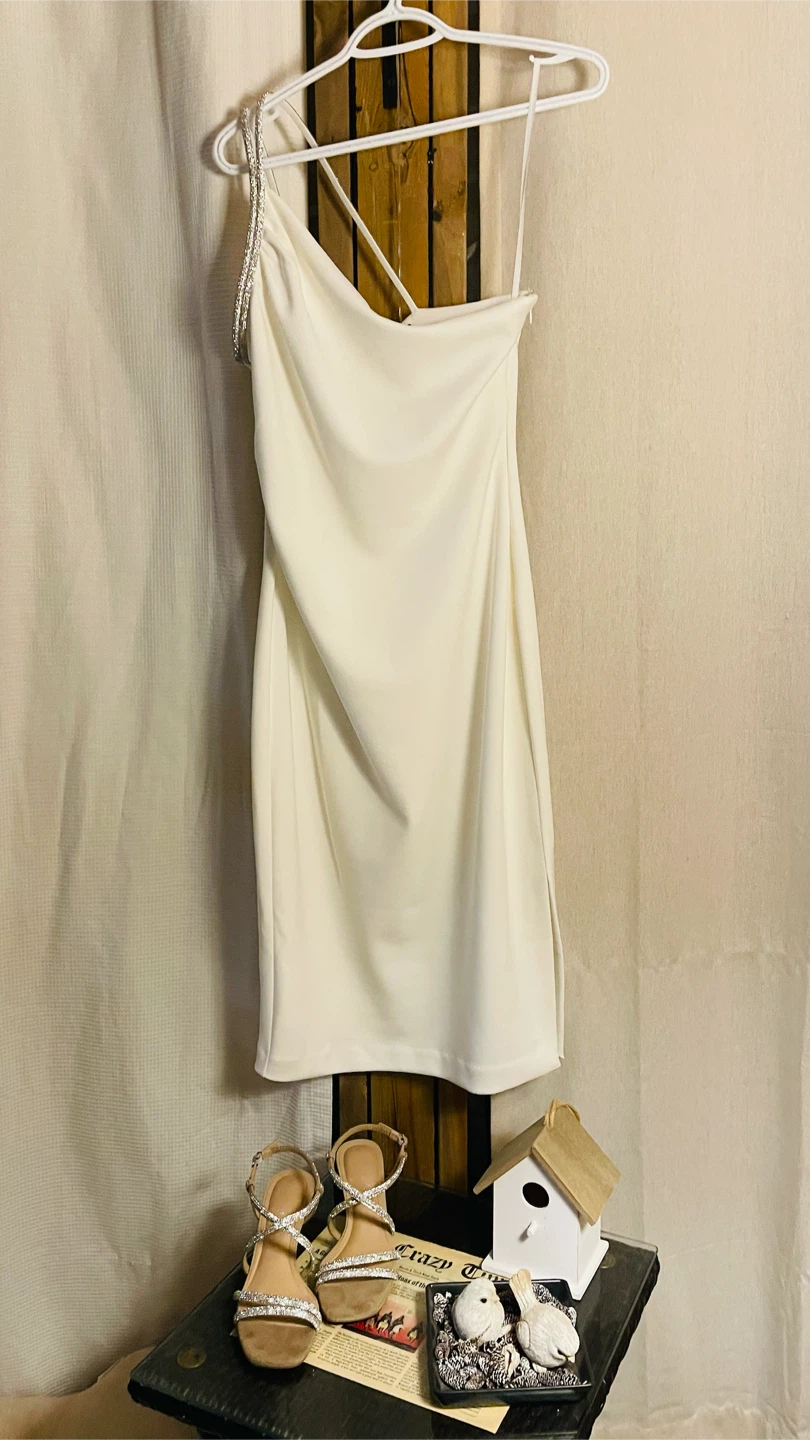 Le Château White Dress with Rhinestone Straps