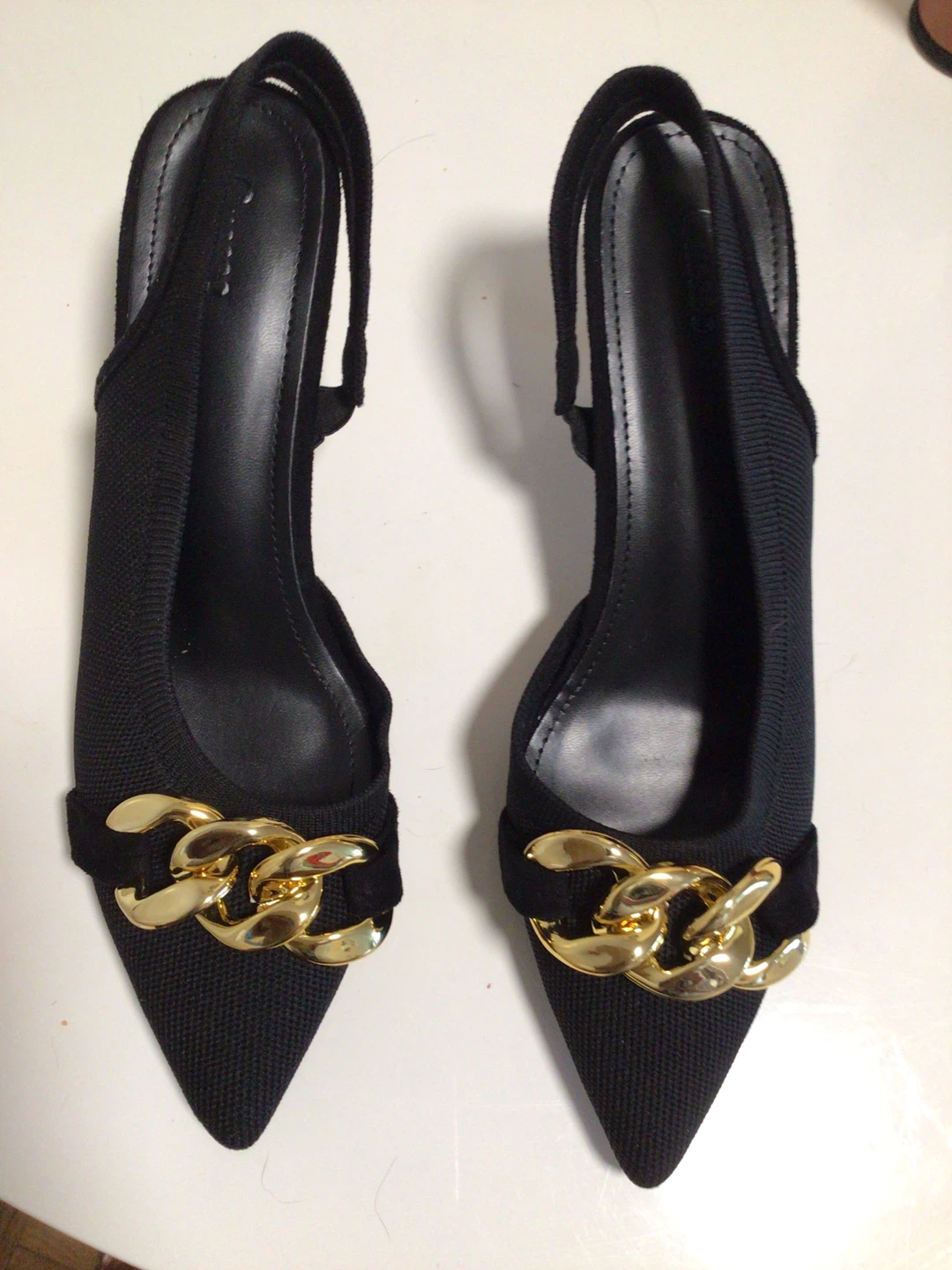 Black Slingback Heels with Gold Chain Detail
