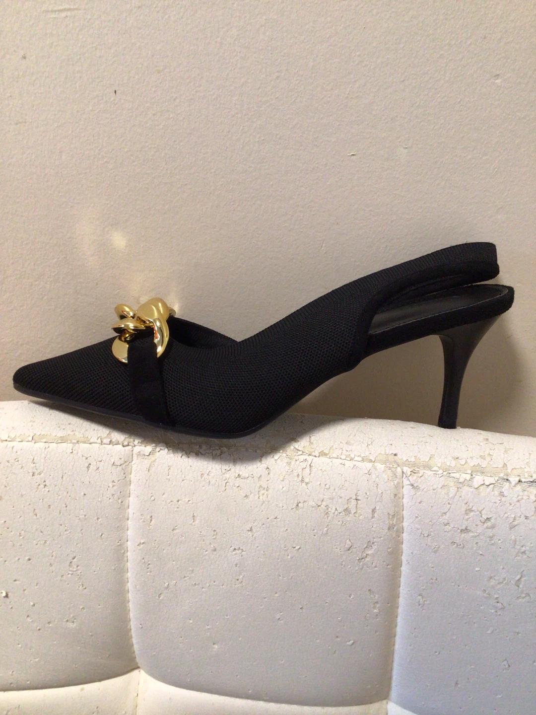 Black Slingback Heels with Gold Chain Detail - photo 2